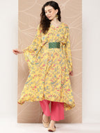 Ahalyaa Women Floral Printed Flared Sleeves Gotta Patti Floral Crepe Kaftan Kurta | Grocsy