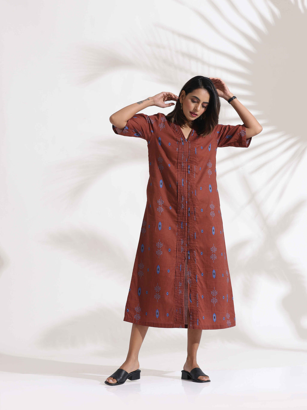 trueBrowns Brown Cotton Print pleated Dress | Grocsy