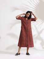 trueBrowns Brown Cotton Print pleated Dress | Grocsy