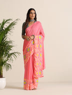 trueBrowns Pink Lime Muslin Ikat Saree | Grocsy