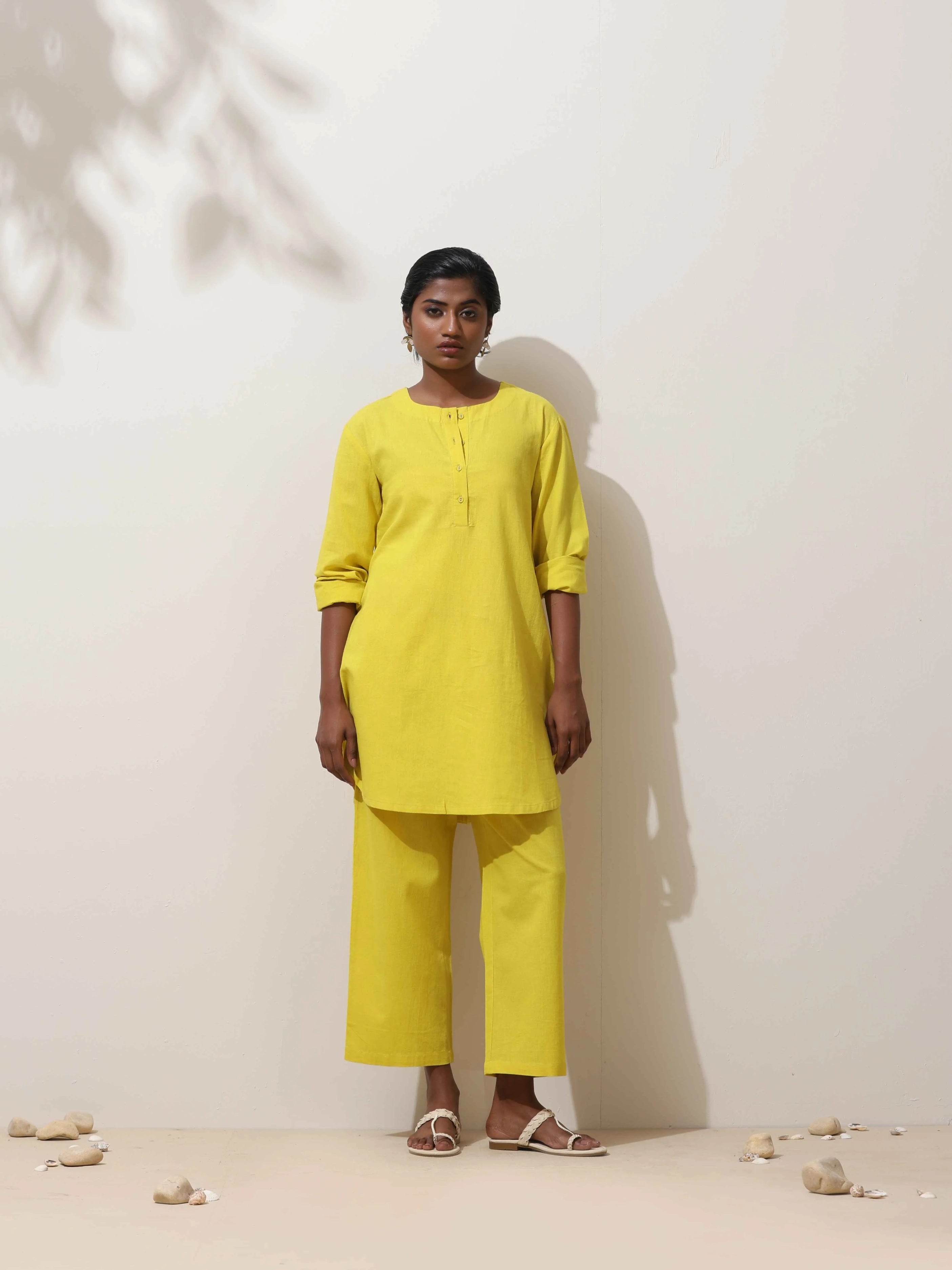 trueBrowns Lime Cotton Linen Kurta Co-Ord Set | Grocsy