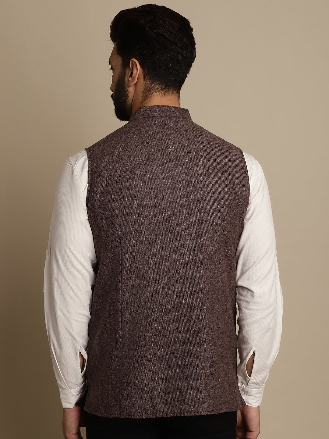 Even Apparels Men's Brown Mandarin Collar Waistcoat | Grocsy