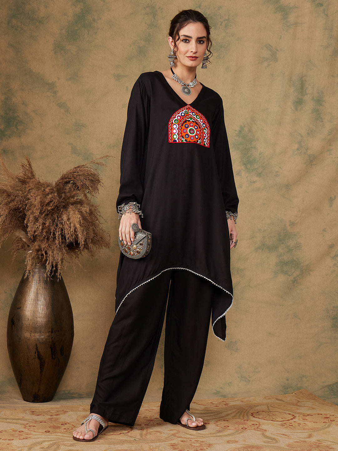 InWeave Women's Black Trangle Maroon Patch Work Assymentrical Kurta Set | Grocsy