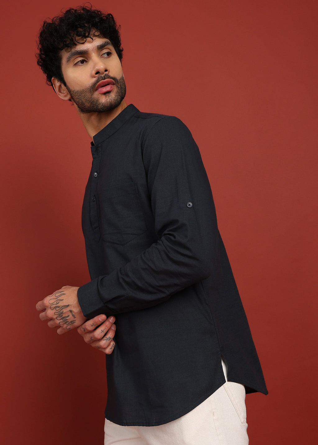 Fabmade Onyx Noir Mandarin Collar Short Kurta | Grocsy