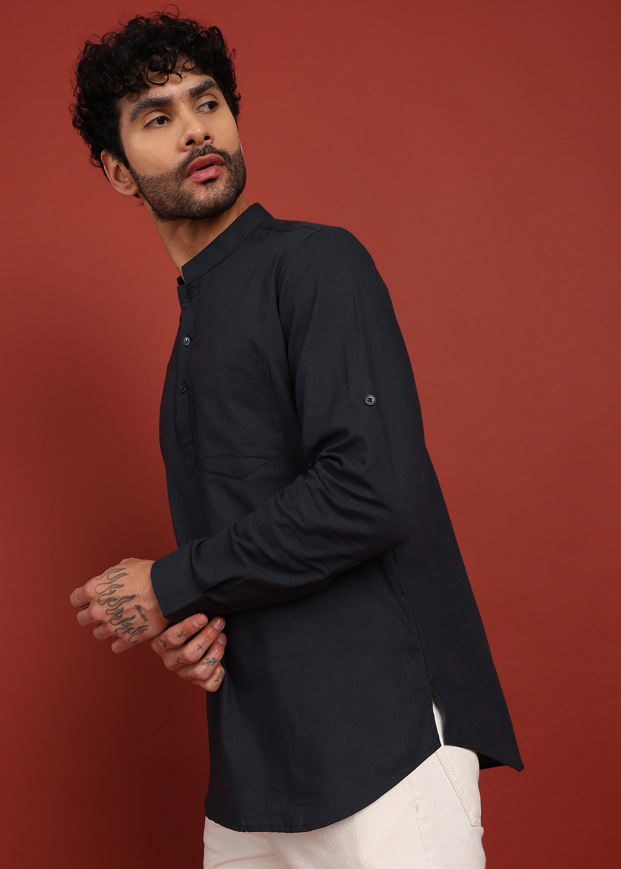 Fabmade Onyx Noir Mandarin Collar Short Kurta | Grocsy
