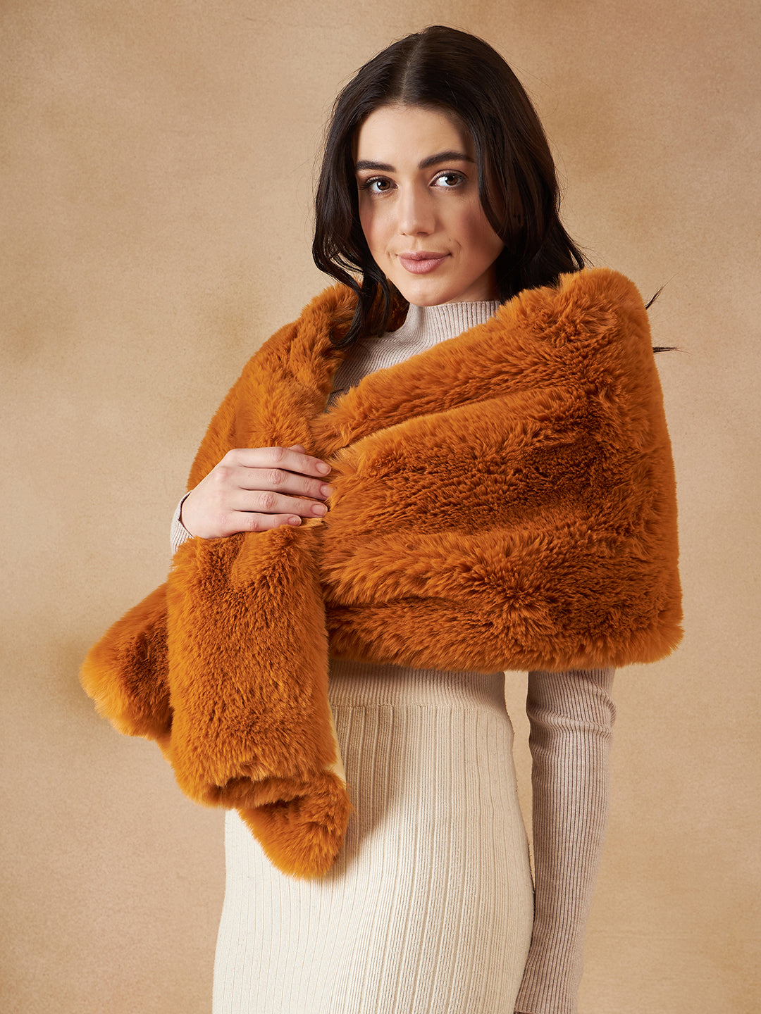 InWeave Women's Carrot Orange Long Faux Fur Cape | Grocsy