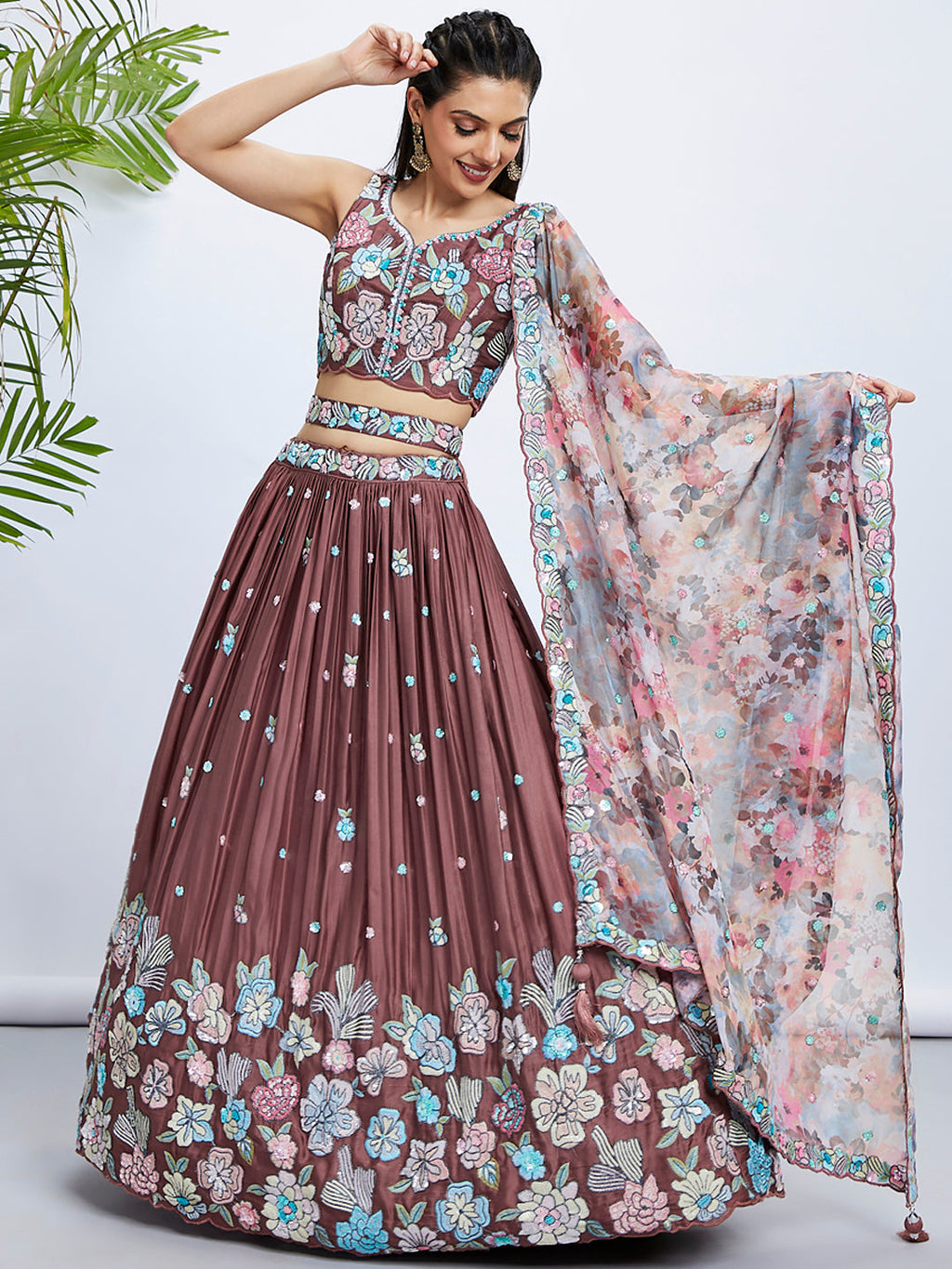 House of Panchhi Rose Gold Pure Georgette Sequins And Thread Embroidery Lehenga Choli & Dupatta | Grocsy