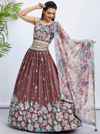 House of Panchhi Rose Gold Pure Georgette Sequins And Thread Embroidery Lehenga Choli & Dupatta | Grocsy