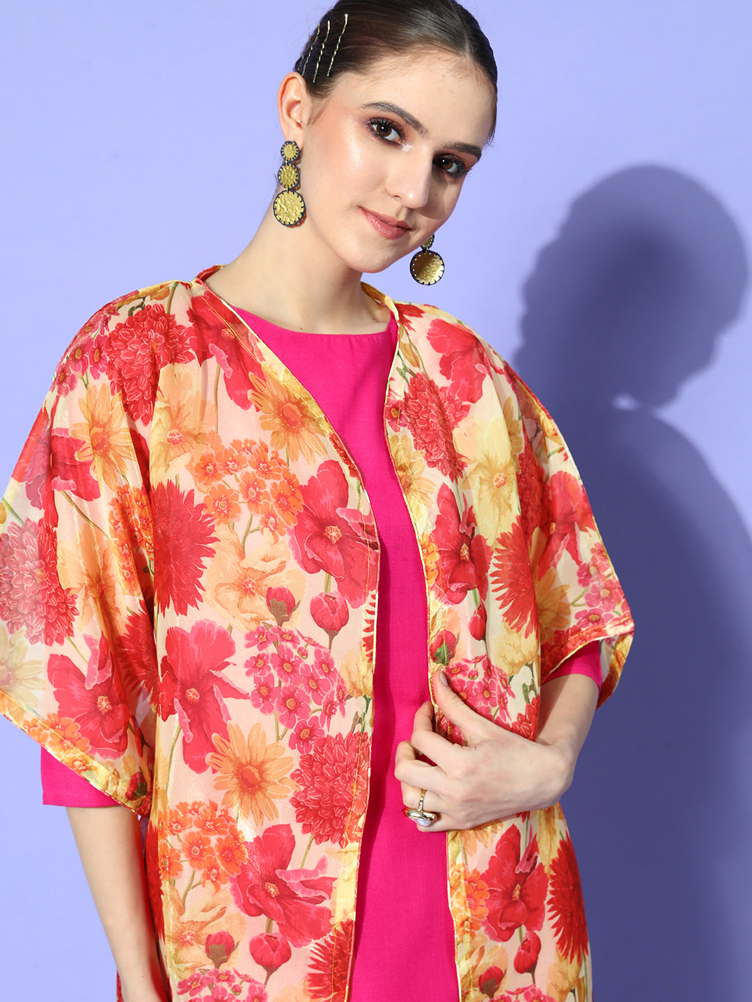 InWeave Women's Red Mustard Chintz Long Organza Cape | Grocsy