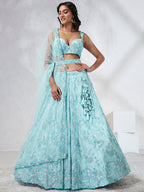 House of Panchhi Turquoise Blue Georgette Sequins And Thread Embroidery Lehenga Choli & Dupatta | Grocsy
