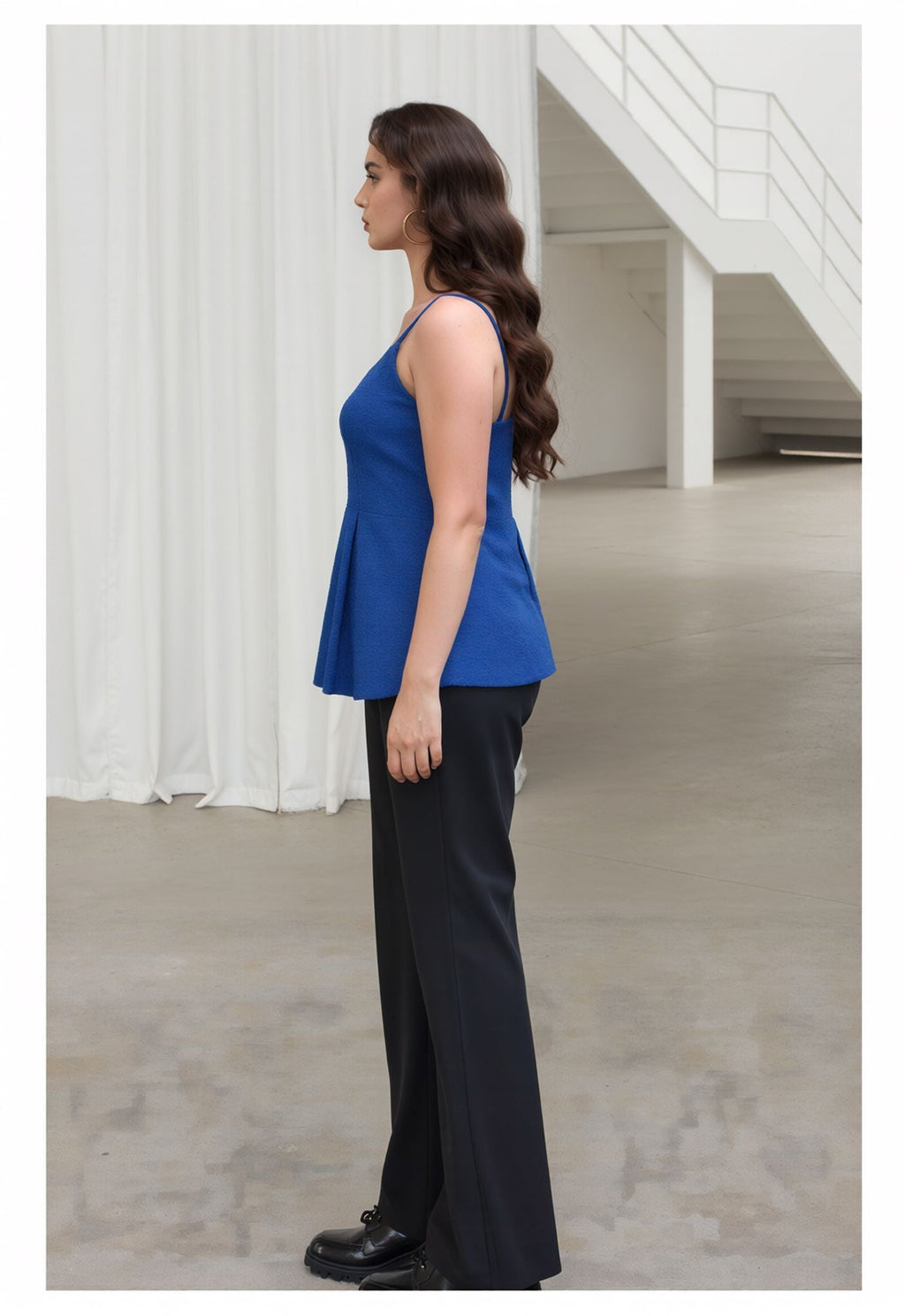 Myshka Women Blue Linen Shoulder Strap Pleated Top | Grocsy