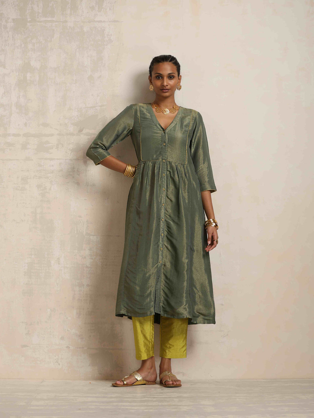 trueBrowns Green Tissue A-line Kurta Set | Grocsy