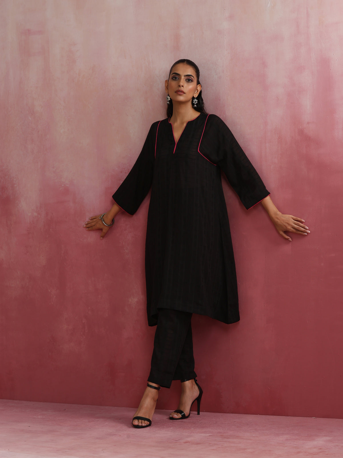 trueBrowns Black Cotton Dobby Kurta Co-ord set | Grocsy
