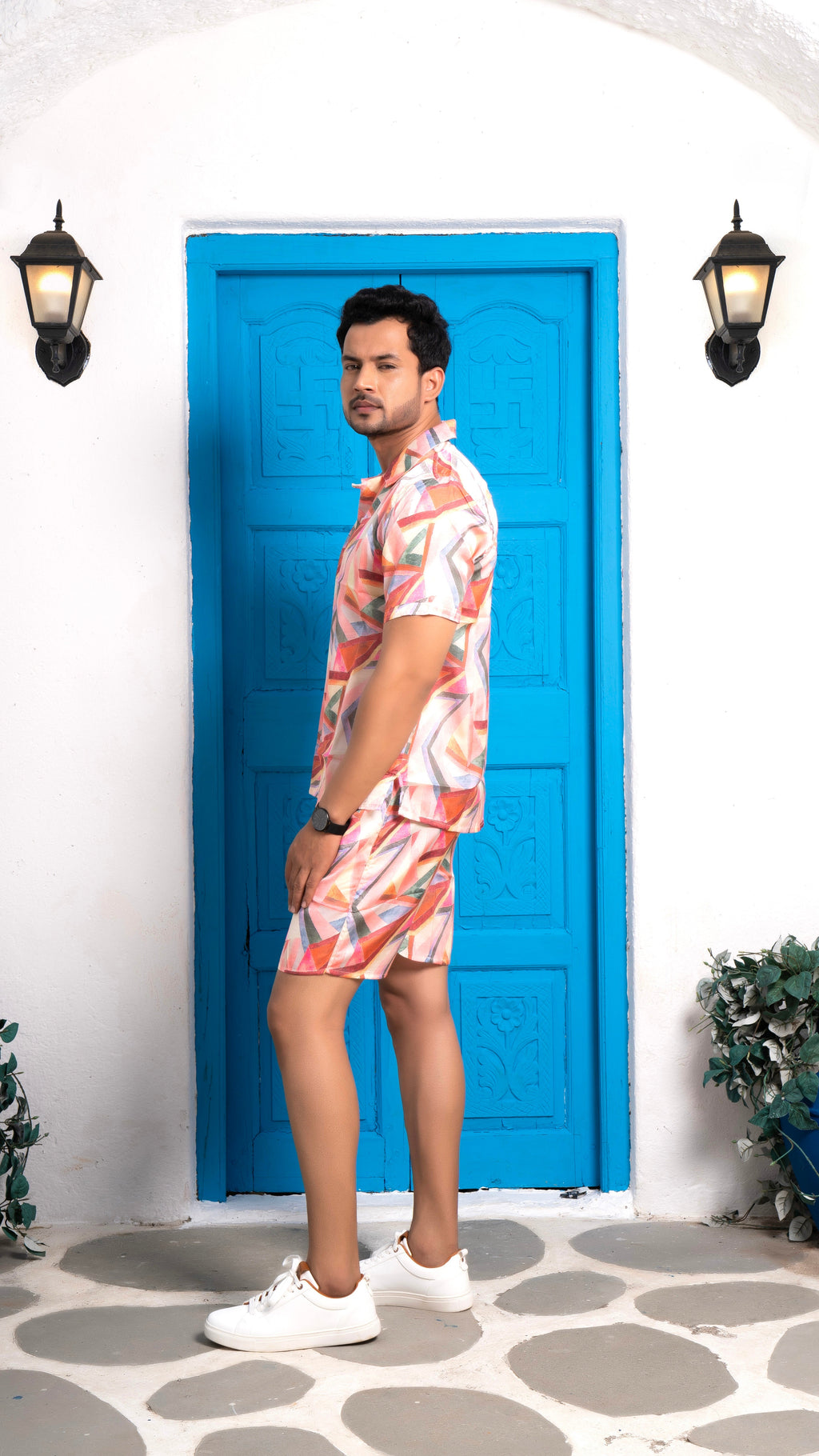 Noroke Sustainable fabric | Linen Satin Linen Geometric Co-ord Set Men | Grocsy