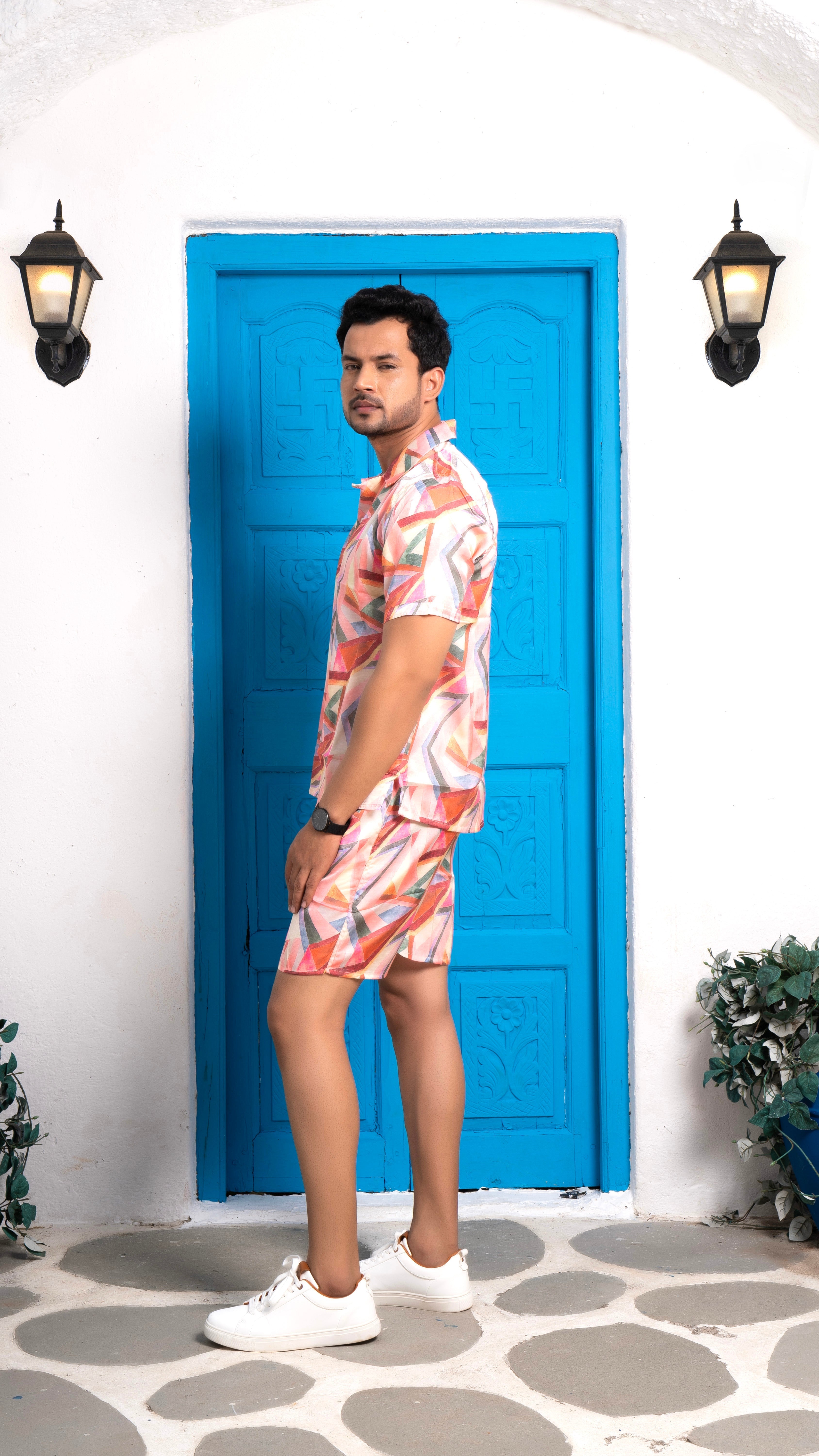 Noroke Sustainable fabric | Linen Satin Linen Geometric Co-ord Set Men | Grocsy