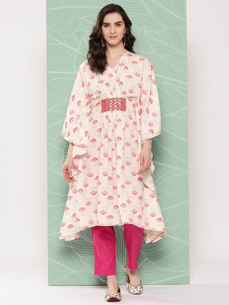 Ahalyaa Women Floral Printed Flared Sleeves Gotta Patti Crepe Kaftan Kurta | Grocsy