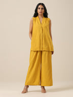 trueBrowns Mustard Yellow Slub Texture Sleevesless Jacket Pant Set | Grocsy