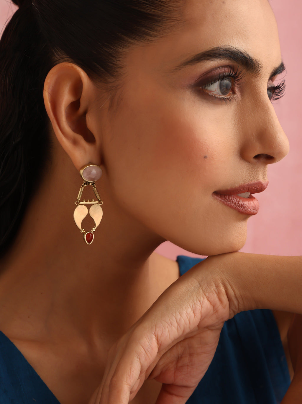 trueBrowns Brass Pink Stone Paisley Earrings | Grocsy