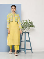 Ahalyaa Women Yellow Floral Printed Kurta with Trousers & Jacket | Grocsy