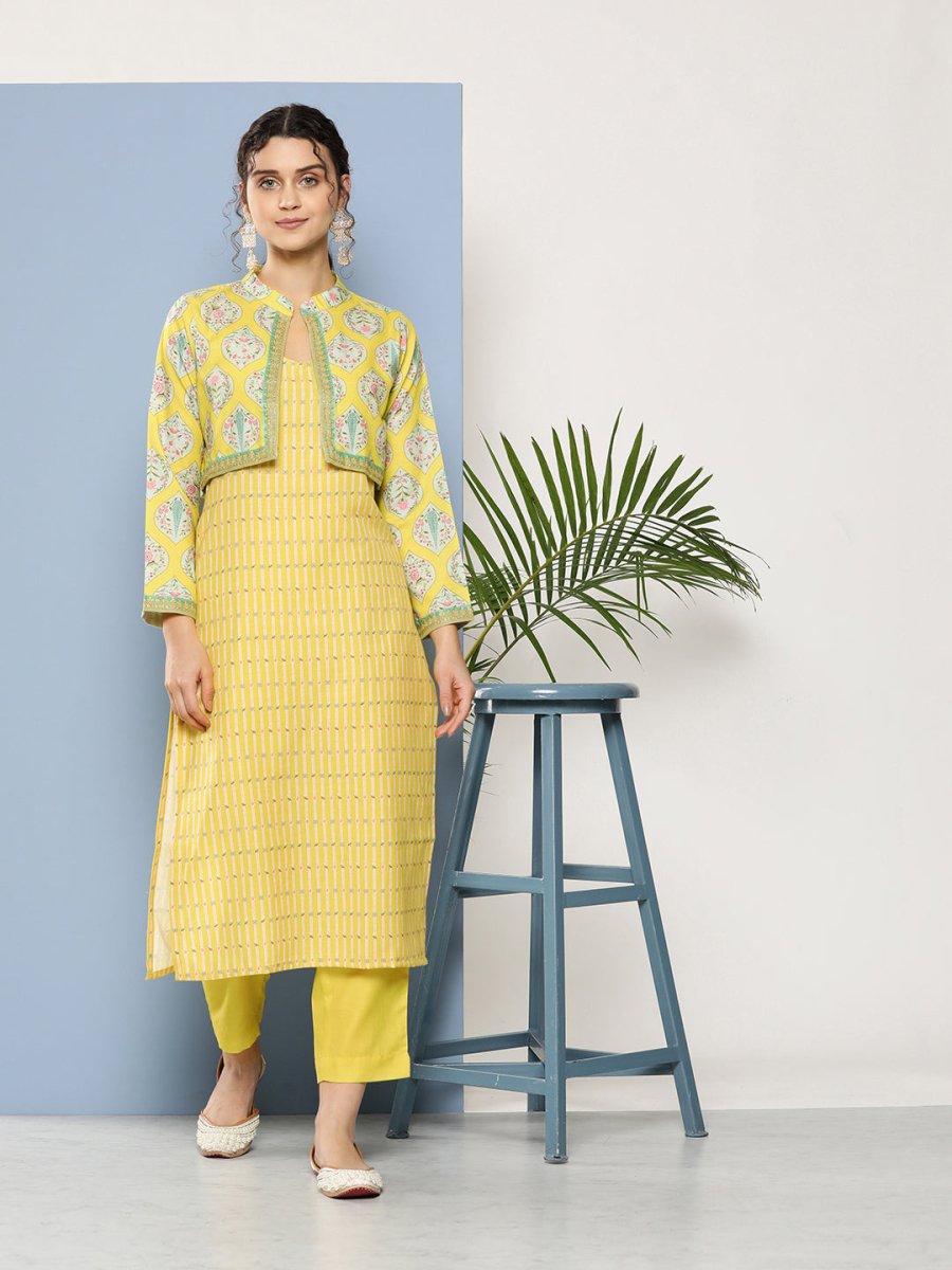 Ahalyaa Women Yellow Floral Printed Kurta with Trousers & Jacket | Grocsy