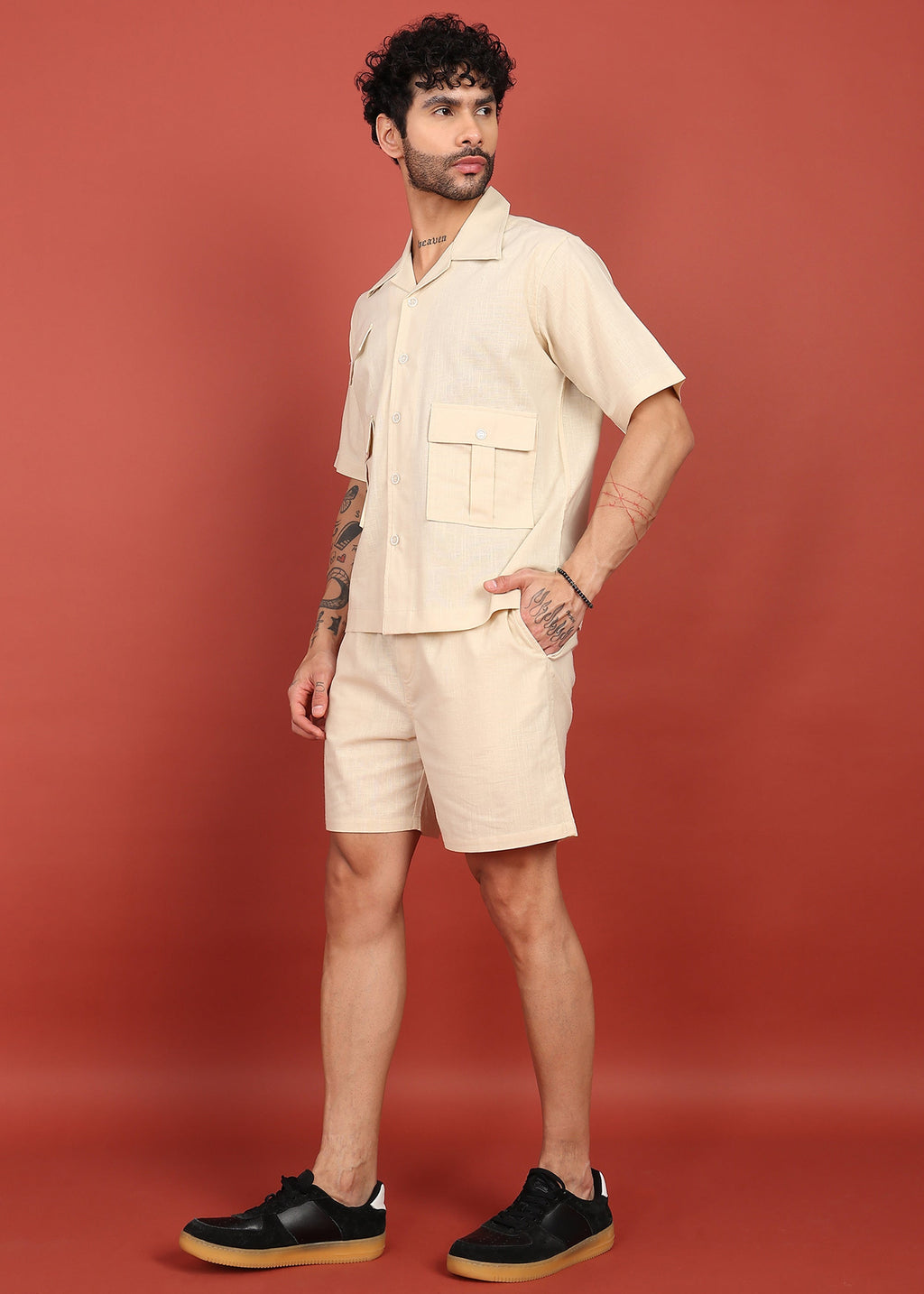 Fabmade Men Beige Cotton Linen Coort-Set Shorts | Grocsy