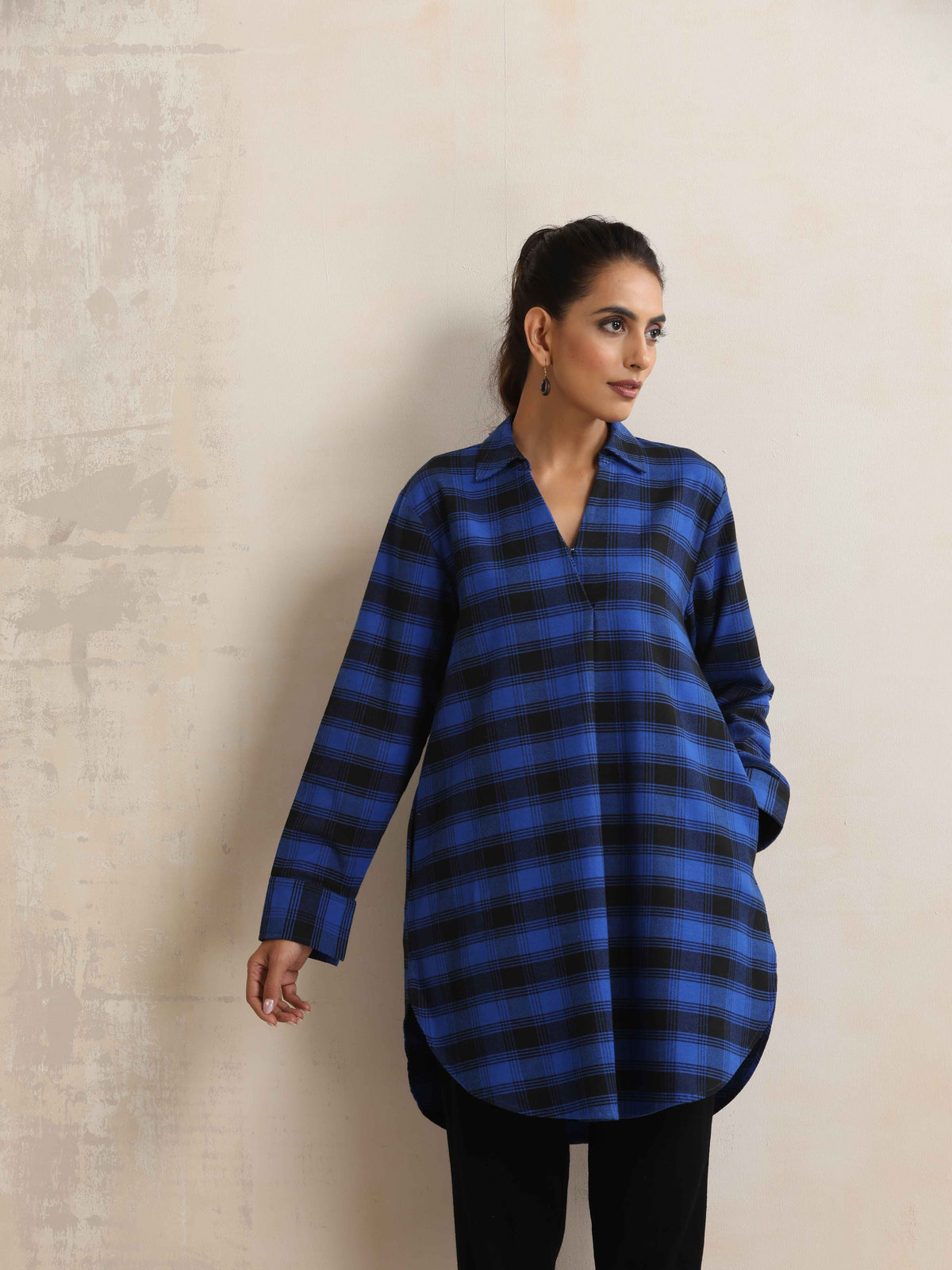 trueBrowns Blue Check Pleated Winter Top | Grocsy