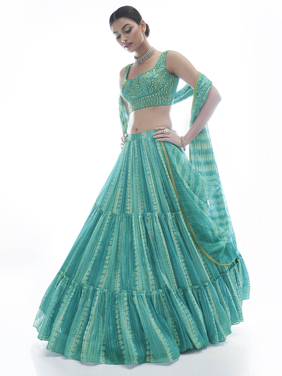 Myra Sea Green Jaquard Embroidered Designer Lehenga | Grocsy