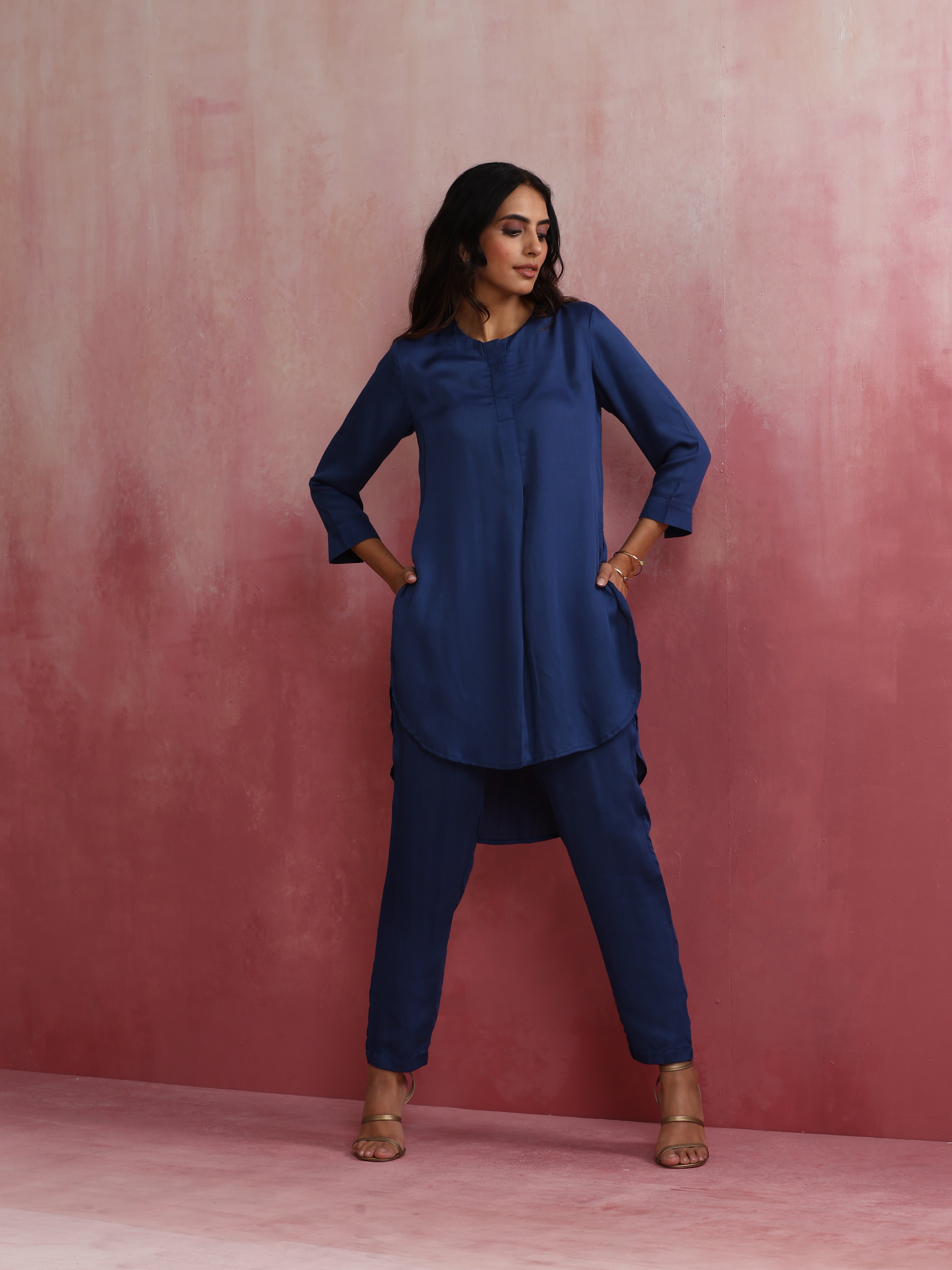 trueBrowns Blue Modal High Low Kurta Co-ord Set | Grocsy