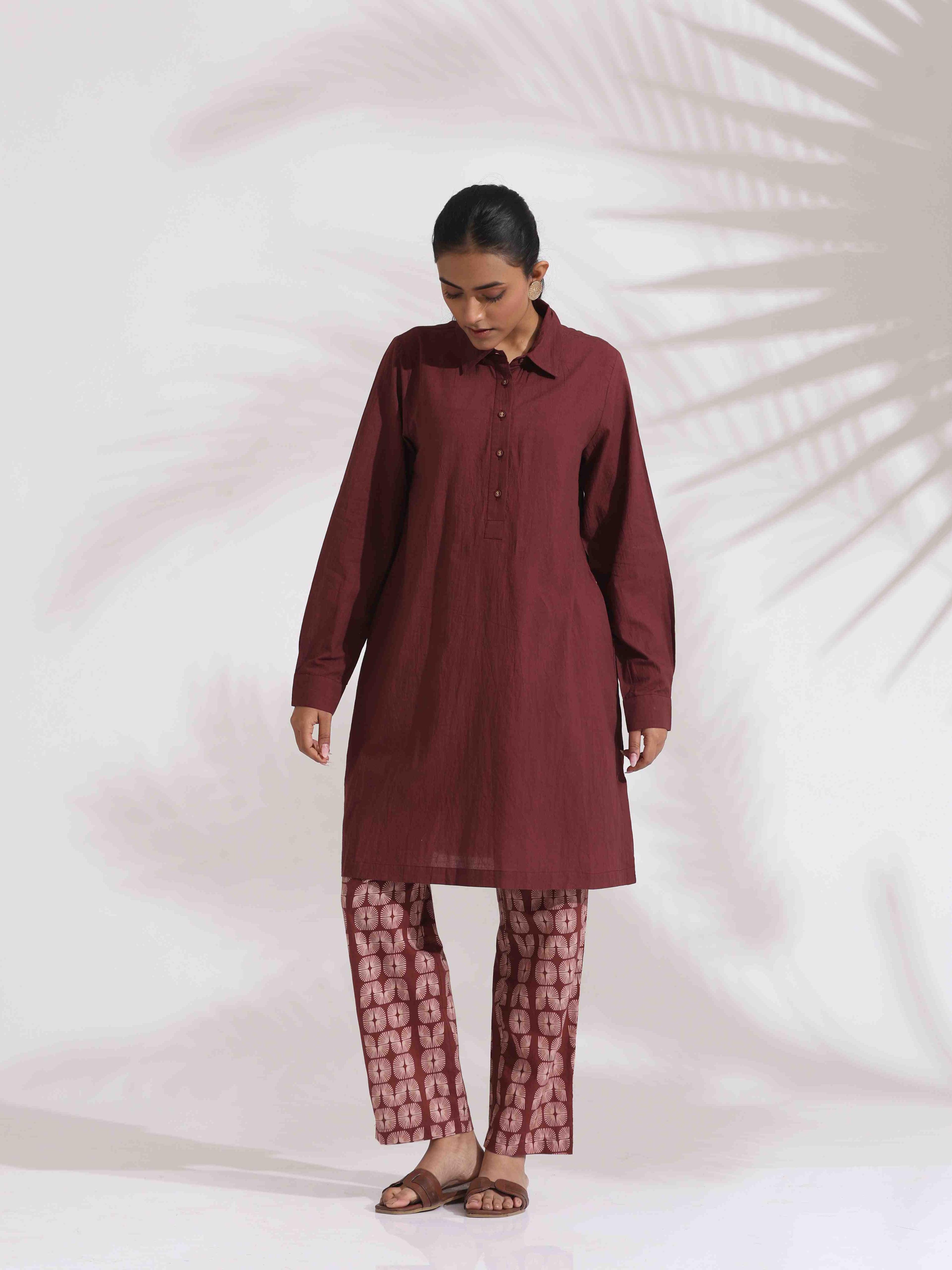 trueBrowns Brown Cotton Solid Kurta Co-ord Set | Grocsy