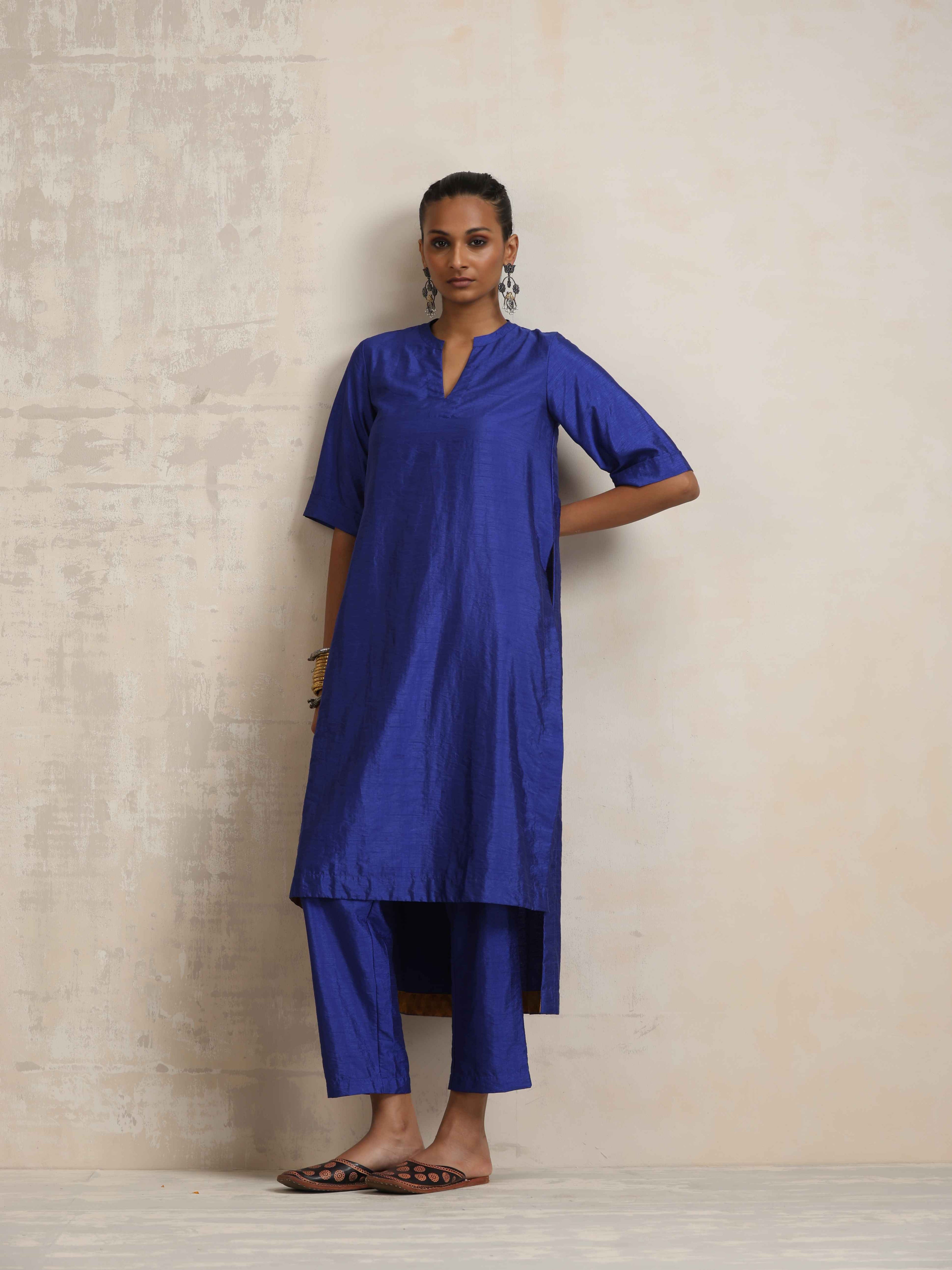 trueBrowns Blue Silk High Slit Kurta Set | Grocsy