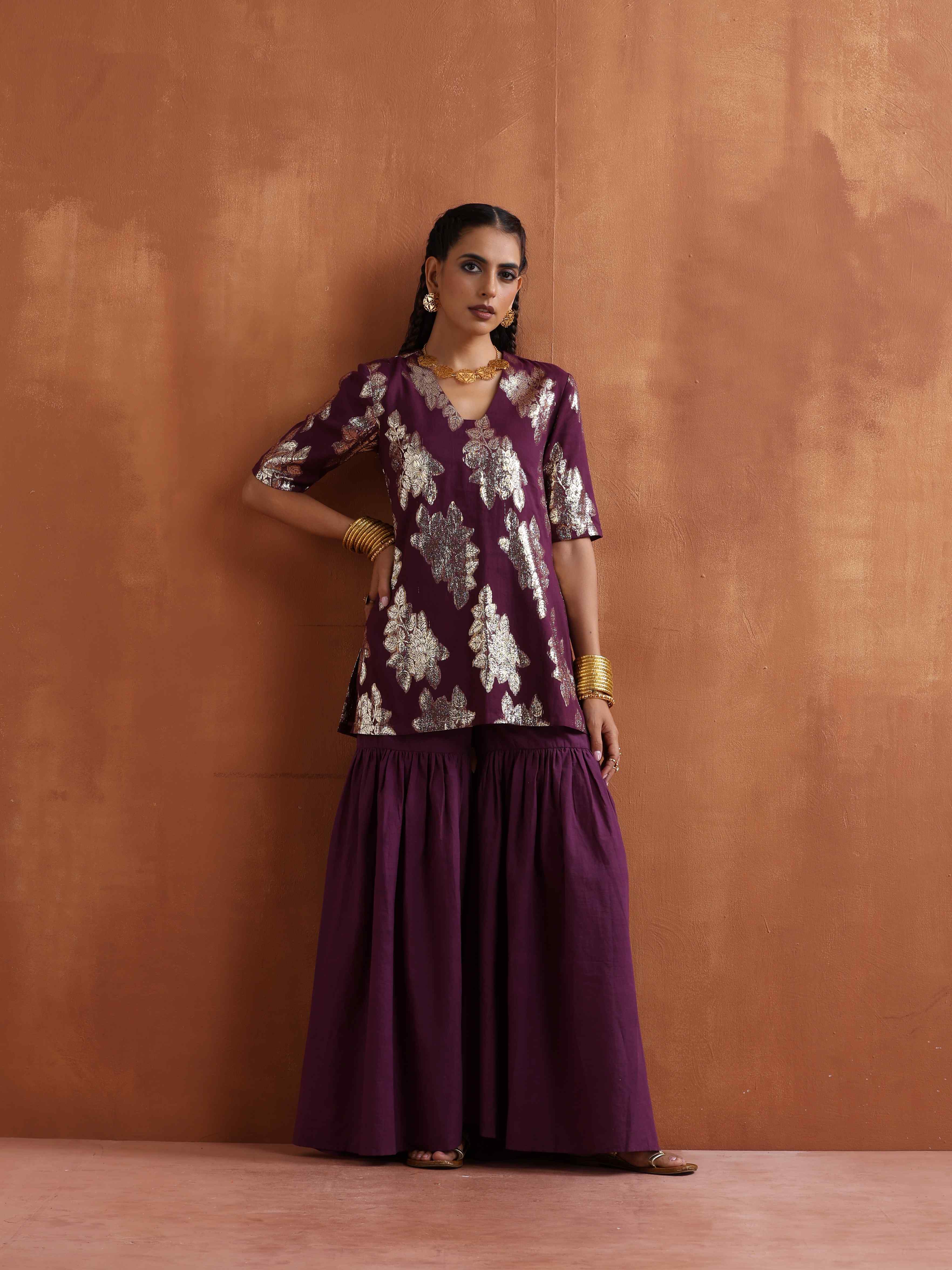 trueBrowns Purple Metallic Sharara Dupatta Set | Grocsy