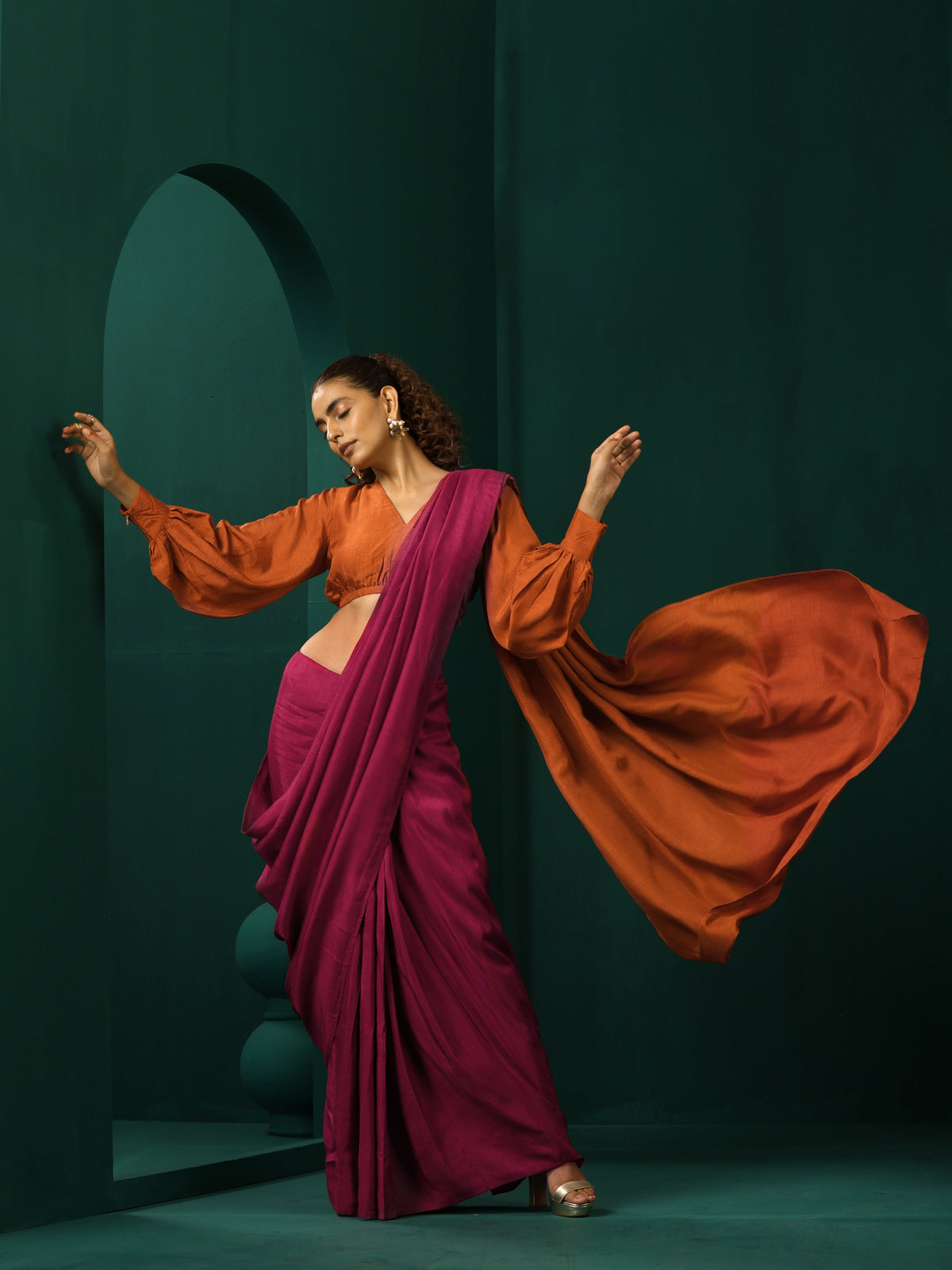 trueBrowns Maroon Rust Silk Ready To Wear Saree | Grocsy