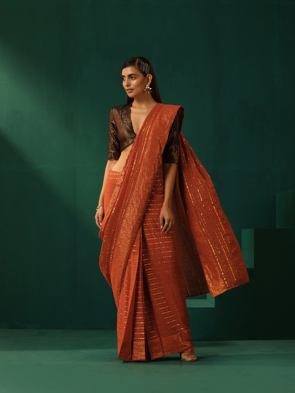 trueBrowns Rust Cotton Gold Lurex Striped Ready to Wear Saree | Grocsy
