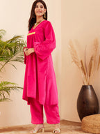 InWeave Women's Magenta V Neck Asymmetrical Pleated Velvet Kurta Set | Grocsy
