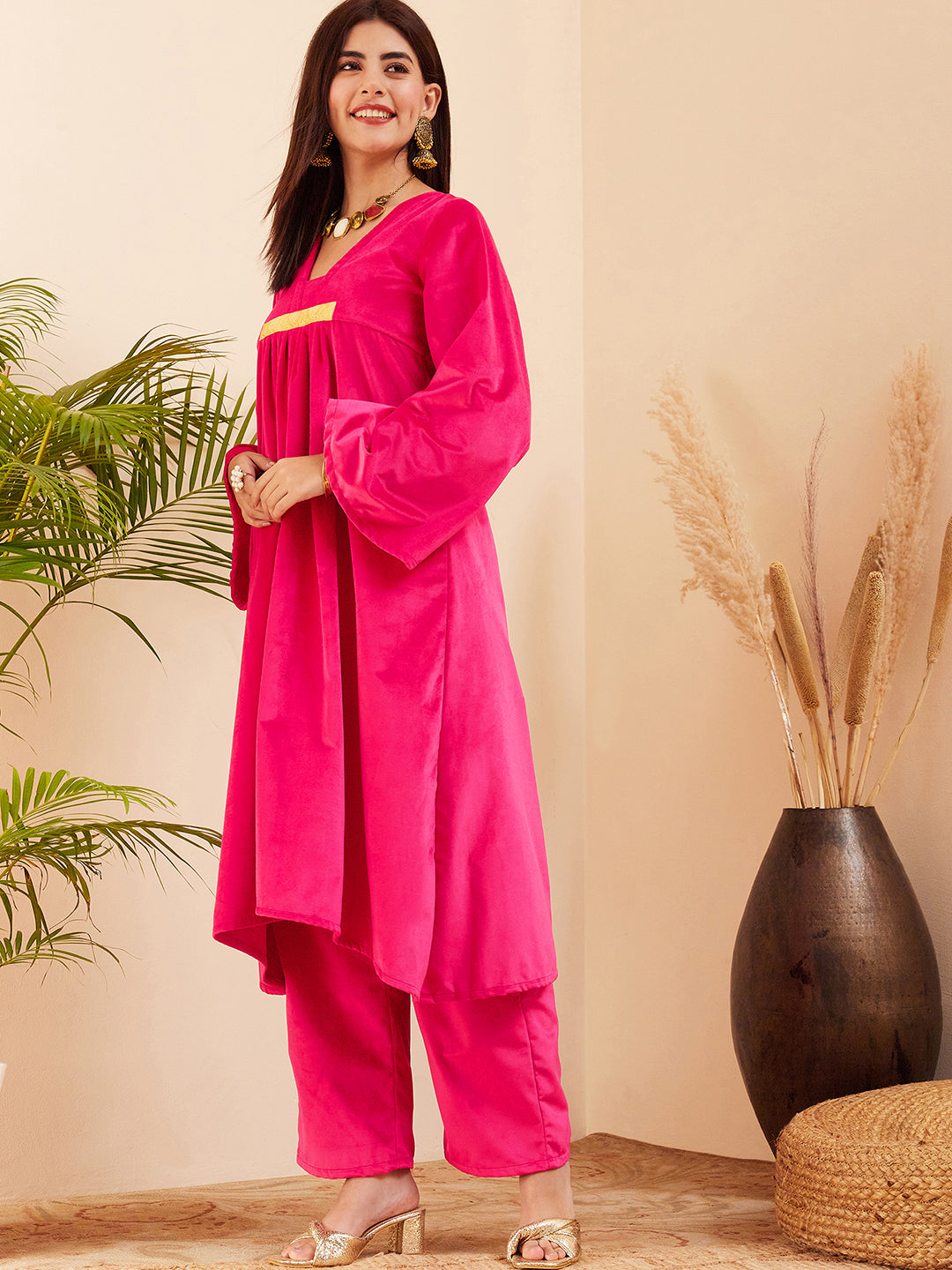 InWeave Women's Magenta V Neck Asymmetrical Pleated Velvet Kurta Set | Grocsy