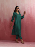 trueBrowns Green Modal Pleated Kurta Set | Grocsy