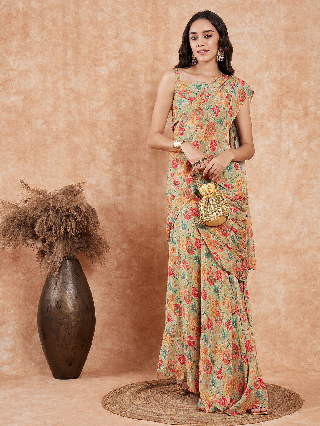 InWeave Women's Pear Green Red Floral Skirt Saree | Grocsy