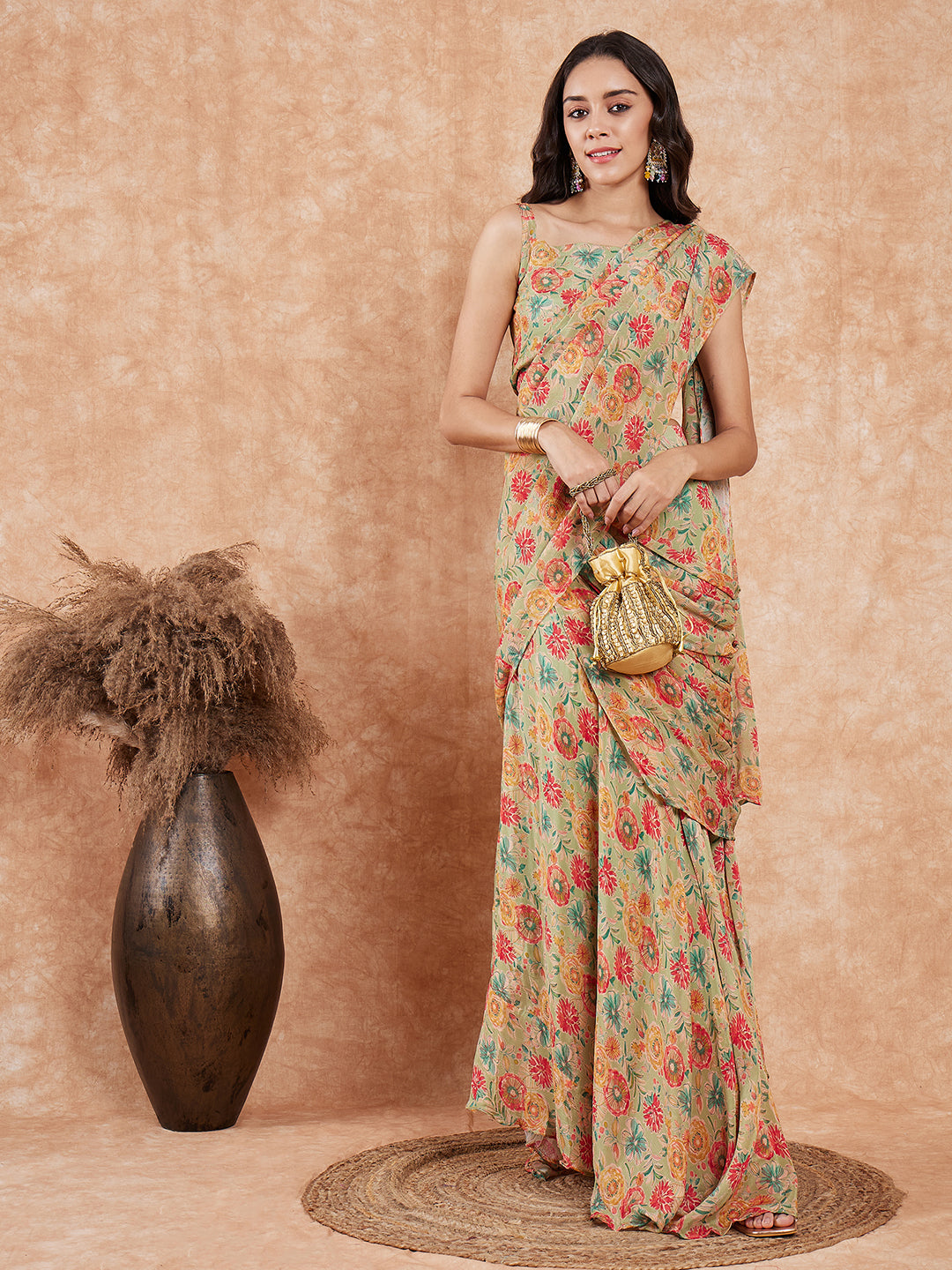 InWeave Women's Pear Green Red Floral Skirt Saree | Grocsy