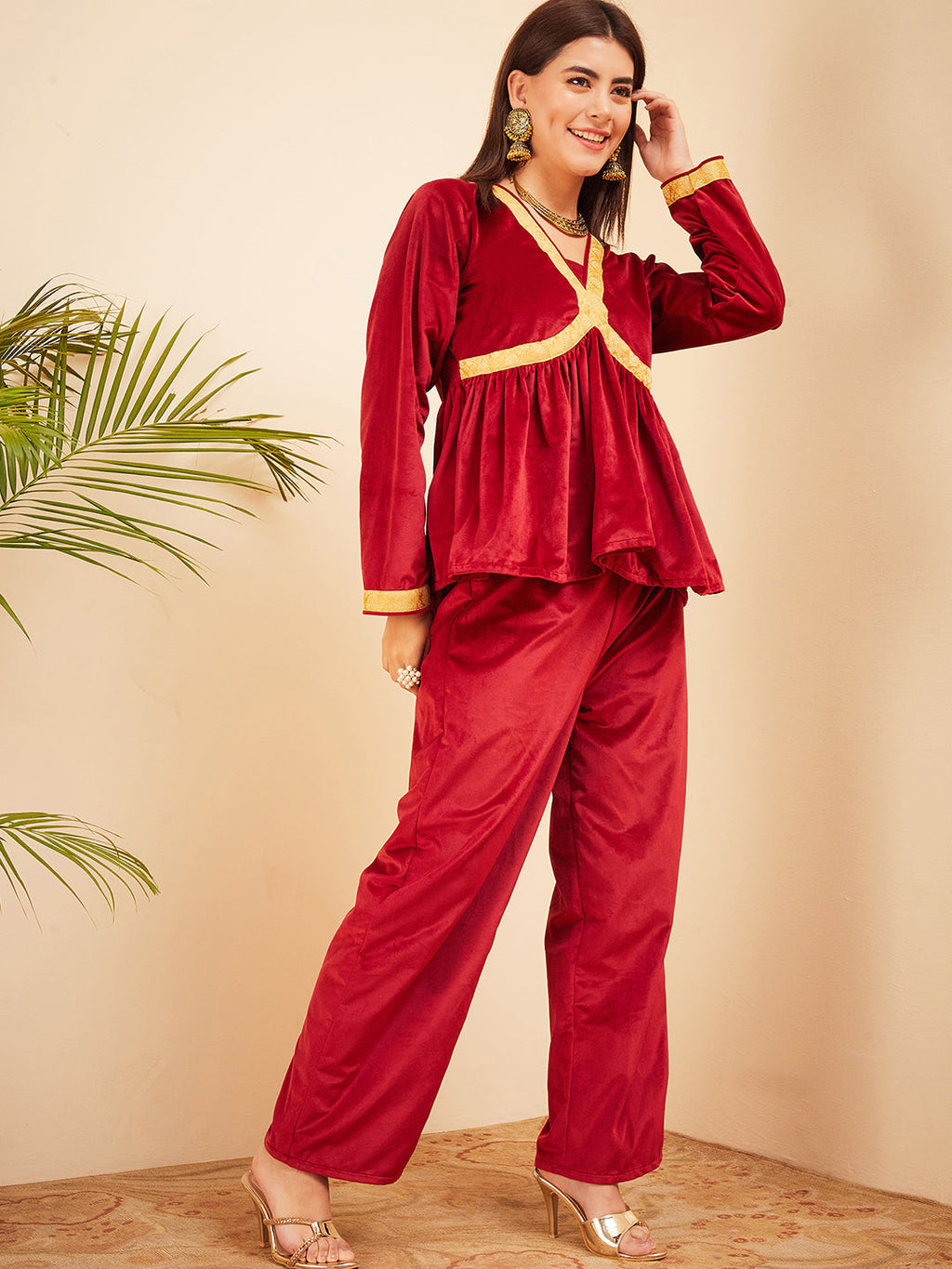 InWeave Women's Barn Red Mughal Shaan Style Velvet Short Kurta Set | Grocsy