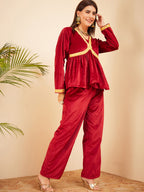InWeave Women's Barn Red Mughal Shaan Style Velvet Short Kurta Set | Grocsy