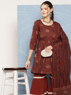 InWeave Women's Brick Rust Ajrakh Sharara Set With Dupatta | Grocsy