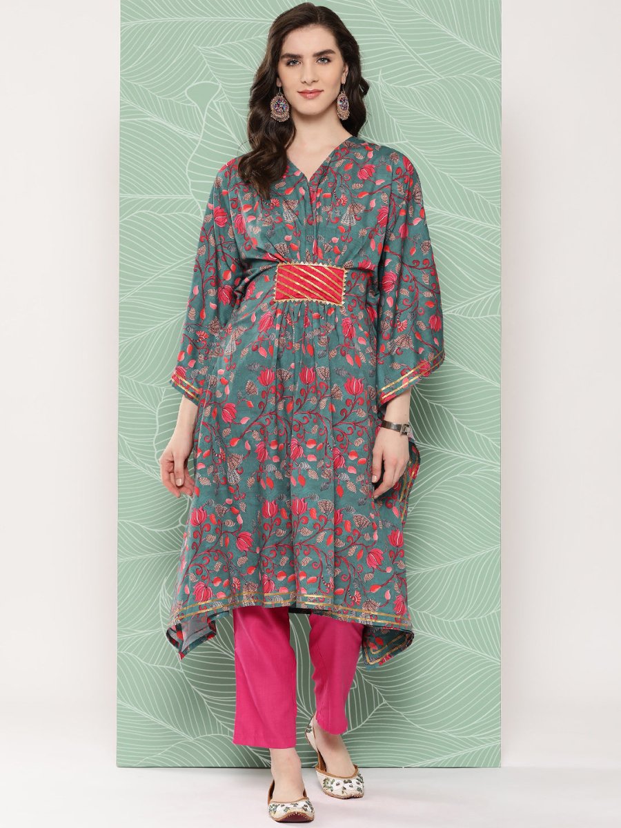Ahalyaa Women Floral Printed Flared Sleeves Gotta Patti Crepe Kaftan Kurta | Grocsy
