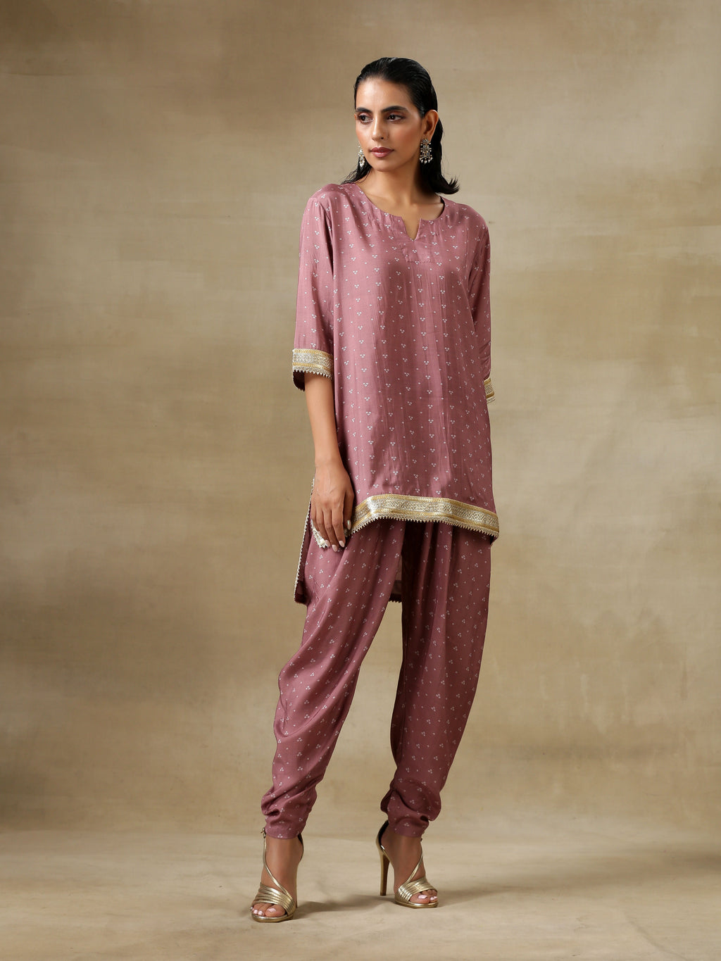 trueBrowns Dark Mauve Bandhani Printed Silk Loose Kurta Dhoti Pant Set | Grocsy