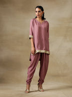 trueBrowns Dark Mauve Bandhani Printed Silk Loose Kurta Dhoti Pant Set | Grocsy