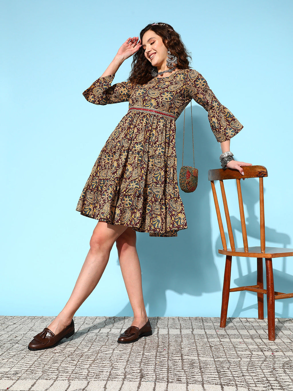 InWeave Women's Brown Kalamkari Print Short Dress | Grocsy