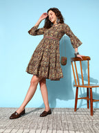InWeave Women's Brown Kalamkari Print Short Dress | Grocsy