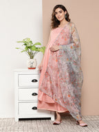 InWeave Women's Light Pink Cr Strappy Set With White Organza Dupatta | Grocsy