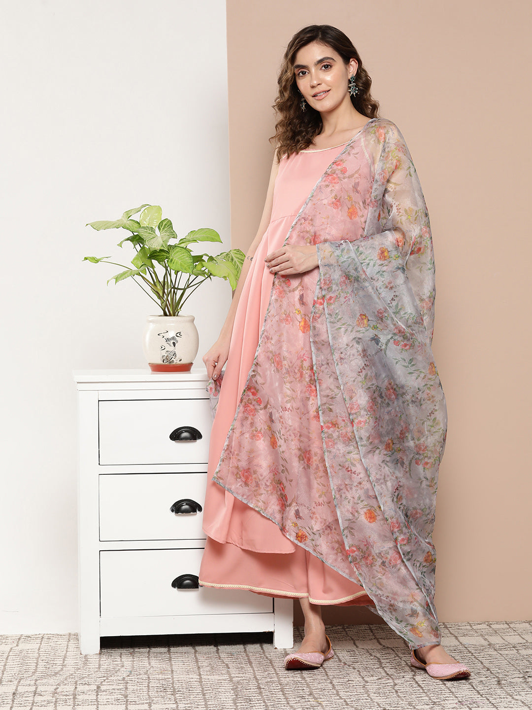 InWeave Women's Light Pink Cr Strappy Set With White Organza Dupatta | Grocsy