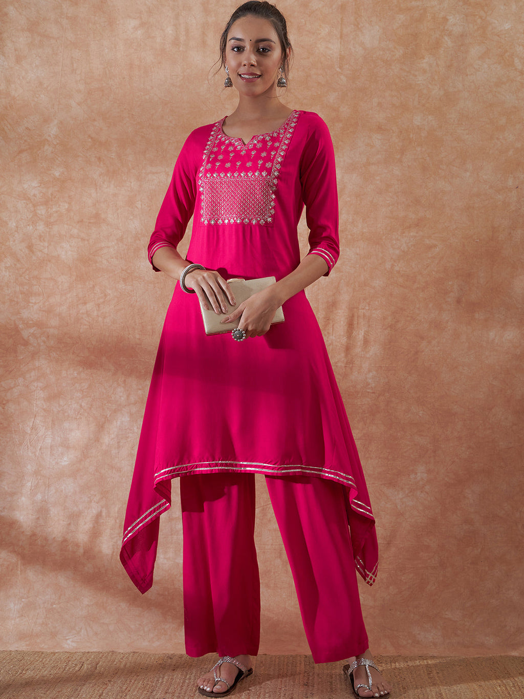 InWeave Women's Magenta Emb Assymetrical Kurta Pant Set | Grocsy