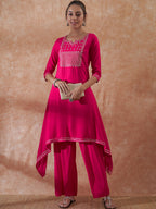 InWeave Women's Magenta Emb Assymetrical Kurta Pant Set | Grocsy